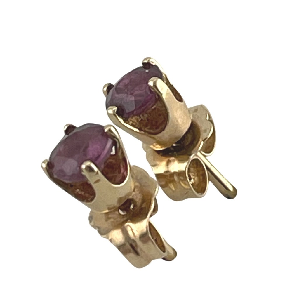 Vintage 14K Gold Ruby Stud Earrings 4mm Round‎ Ruby Solitaire Basket Setting - Picture 14 of 16